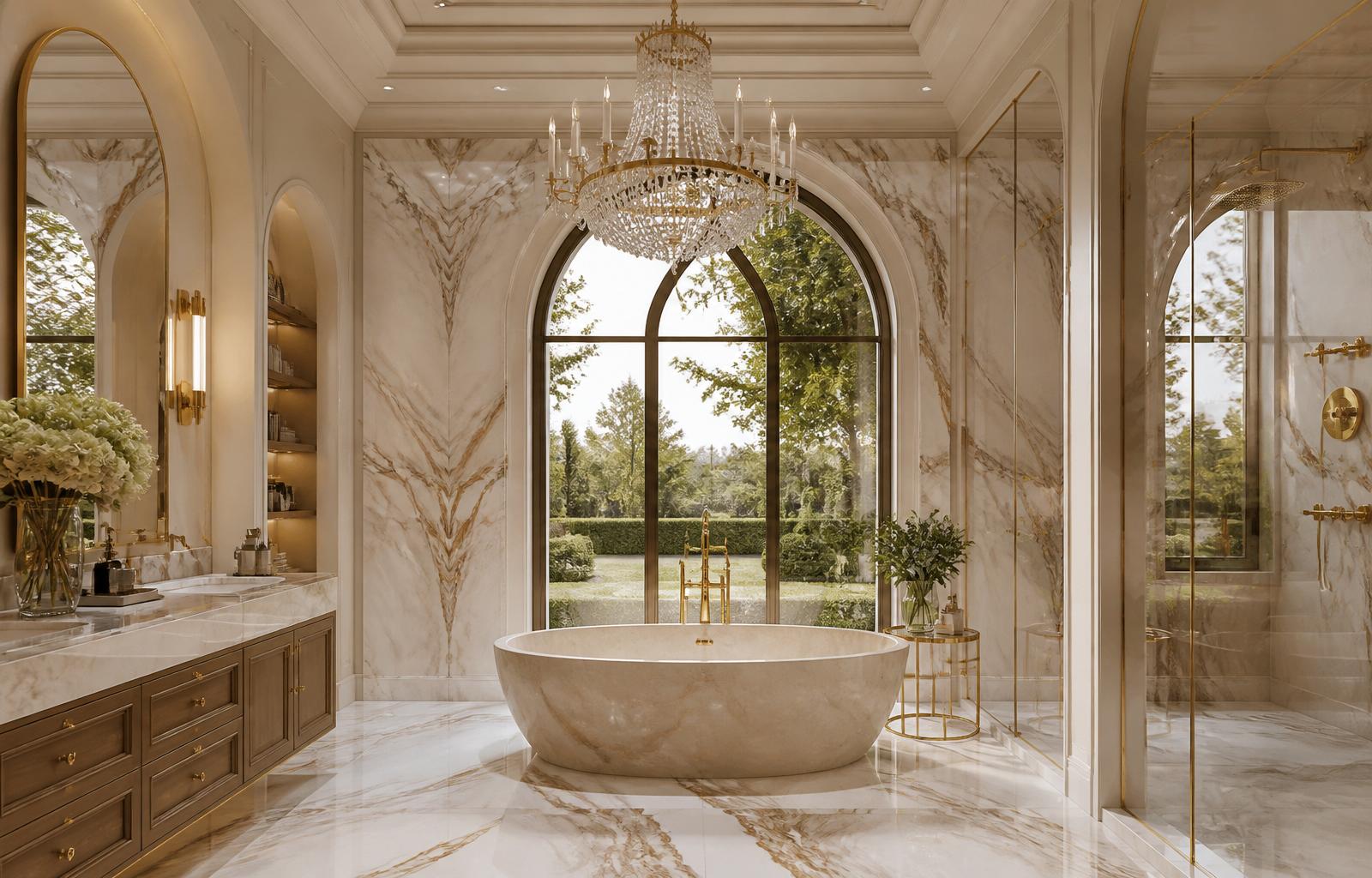Bel Air Modern Estate — Primary bath · book-matched stone, freestanding soaking tub