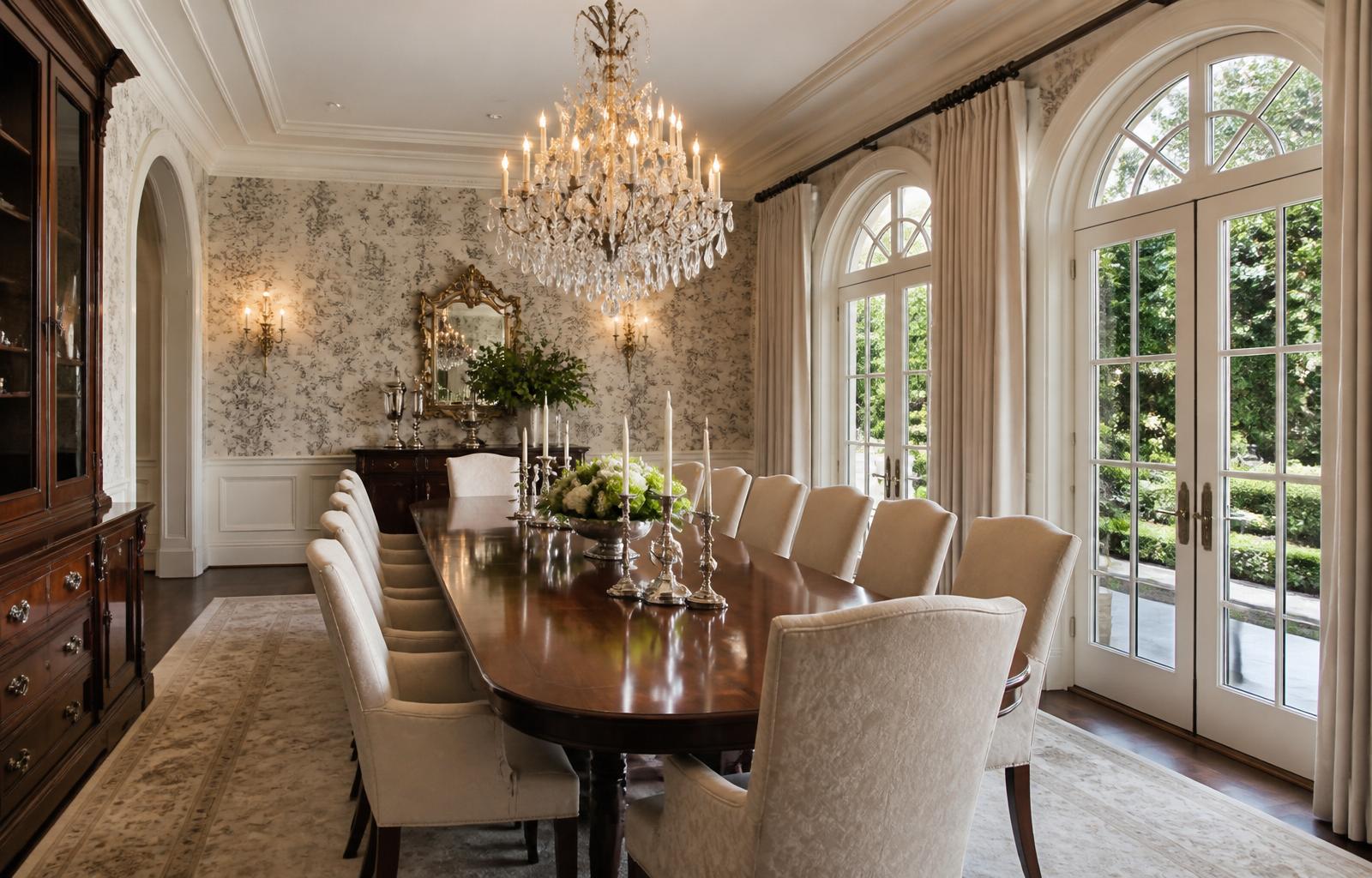 Bel Air Modern Estate — Formal dining · crystal chandelier, French doors to the garden