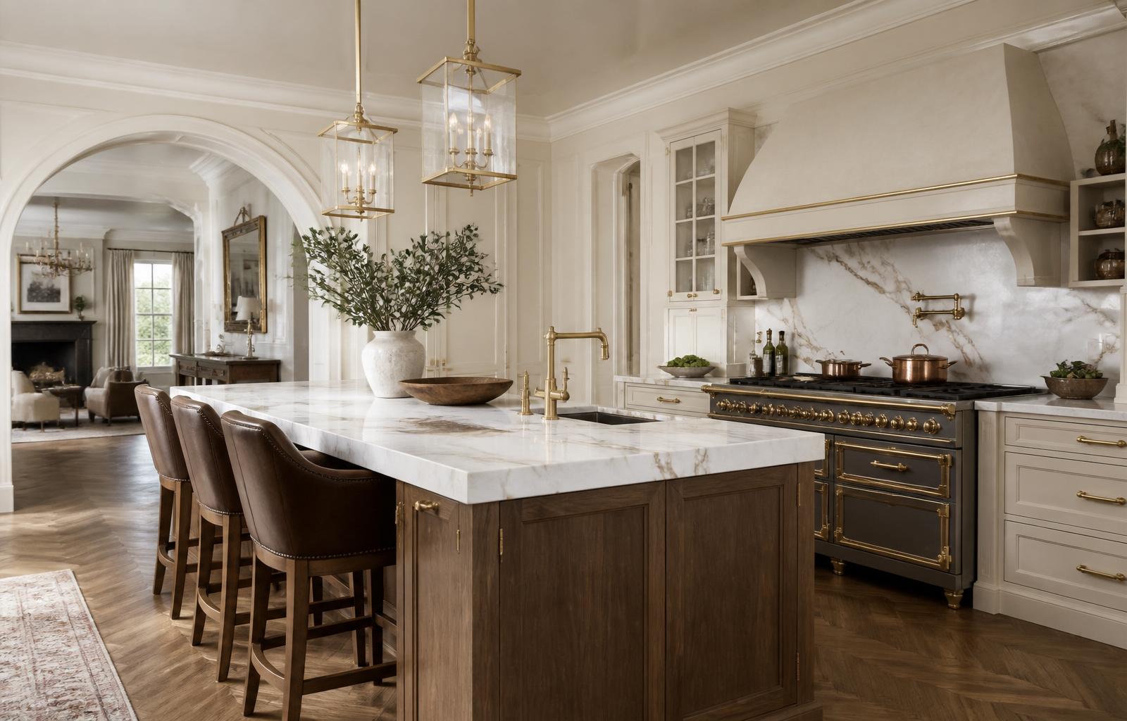 Bel Air Modern Estate — Chef's kitchen · Calacatta island, La Cornue range, brass fixtures