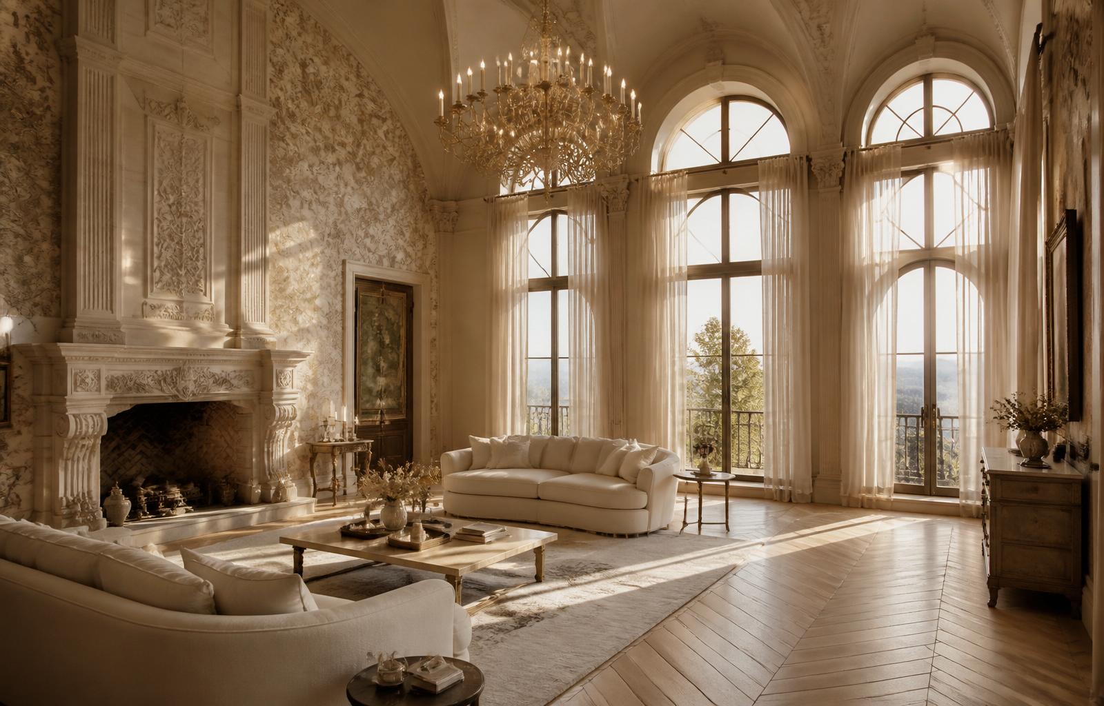 Bel Air Modern Estate — Great room · double-height ceilings, hand-blocked European wallpapers