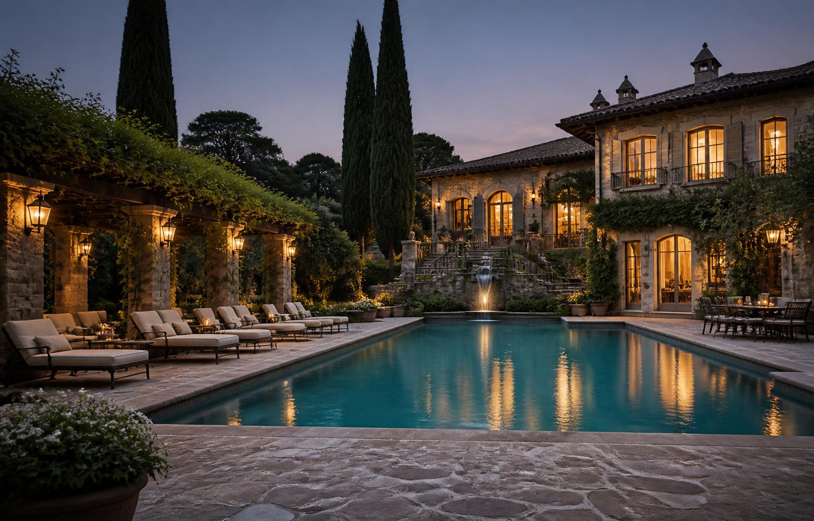 Bel Air Modern Estate — Saltwater pool · pergola, cypress allée, fountain water feature